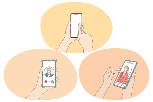 Online dating and application for chatting and communication concept. Hands of people with smartphones choosing potential partners and looking for profiles in online dating applications