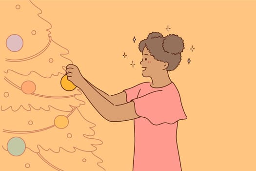 New year, decoration, celebration, holiday concept. Young happy african american girl child kid cartoon character standing decorating christmas tree at home. Festive mood and winter eve illustration.