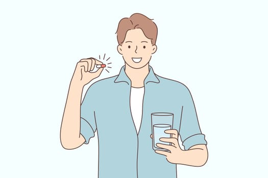 Health, care, medicine, advertisement, drug concept. Young happy smiling man guy boy cartoon character holds pharmacy pills and glass of water. Healthy lifestyle promotion medical support illustration