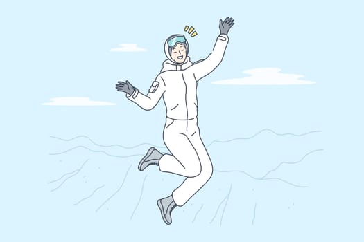 Travelling, mountaineering, tourism, success, goal achievement concept. Young happy smiling woman tourist traveler cartoon character jumping on mountain peak. Reaching purposes and active lifestyle.