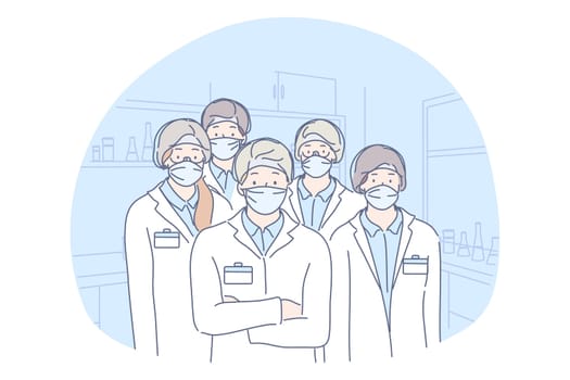 Healthcare, medicine, infection, coronavirus, protection concept. Group or team of men and women doctors lab workers scientists colleagues with medical face masks illustration. Covid19 desease danger.