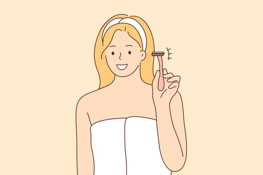 Beauty, fashion, skincare, advertising concept. Young happy smiling woman girl cartoon character standing holding razor looking at camera. Hair depilation ads and cosmetics promotion illustration.