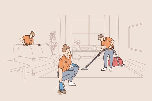 People working as cleaners in service concept. Group pf people workers cleaners tiding up apartment room making cleaning in uniform vector illustration