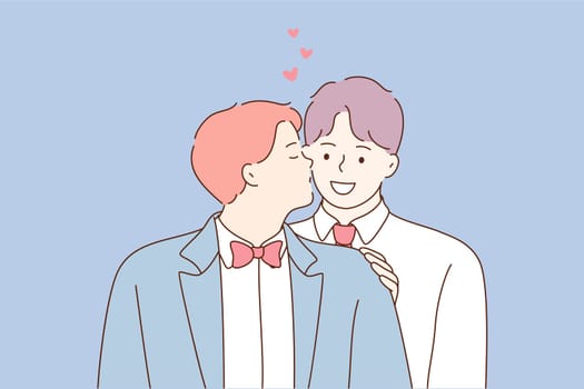 Wedding, love, feeling, lgbt concept. Young happy smiling cheerful newlywed gay coule men boys guys grooms cartoon characters stand together kissing. Celebration of homosexual marriage illustration.