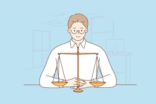 Law, justice, notary, work concept. Young happy smiling man guy clerk manager lawyer attorney judge sitting near scale demonstrating guilty weight. Court authority and judicial system illustration.