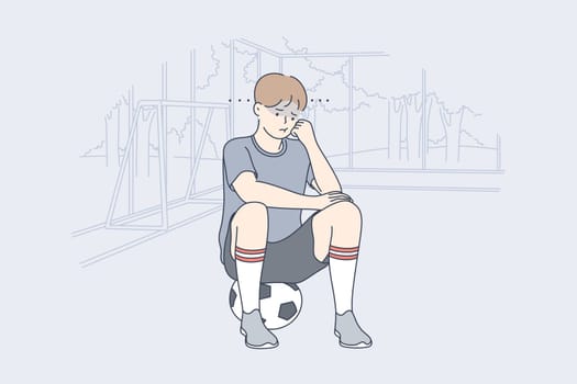 Sport, game, football, depression, frustration, mental stress concept. Young unhappy depressed frustrated sad boy child kid soccer player sitting on ball. Active recreation or loneliness illustration.