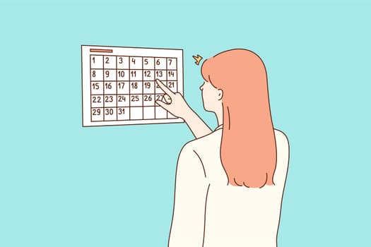 Examination, pregnancy, checkup concept. Young worried woman girl cartoon character checking looking at calendar for pregnant terms or menstruation periods. Waiting for holidays vacations illustration
