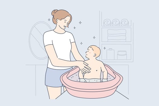 Motherhood, childhood, halth, care, love concept. Young happy smiling woman mom cartoon character washing baby infant toddler child kid son in bathroom. Mothers day and domestic life illustration.