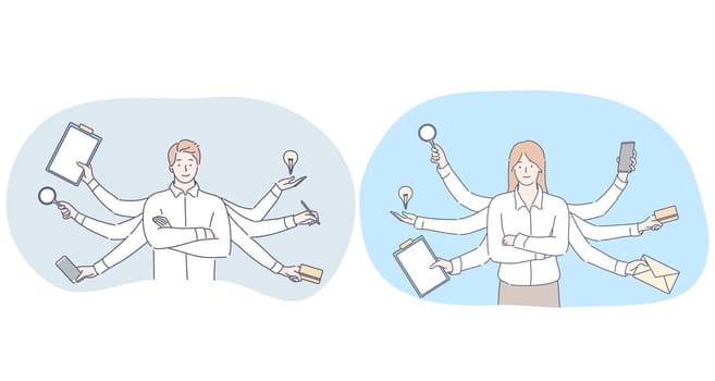 Multitasking in business and office work concept. Young smiling man and woman business people office workers standing between variety of tasks for working day and feeling confident