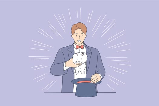 Perfomance, show, magic concept. Young man guy boy magician cartoon character making trick with rabbit bunny from hat. Professional occupation or hobby and active entertainment for people illustration