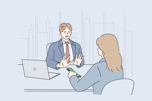 Business frauds, bribes and illegal business concept. Businessmen refusing to take dollars bribe from woman partner during meeting in office in signing contract and making corruption illustration