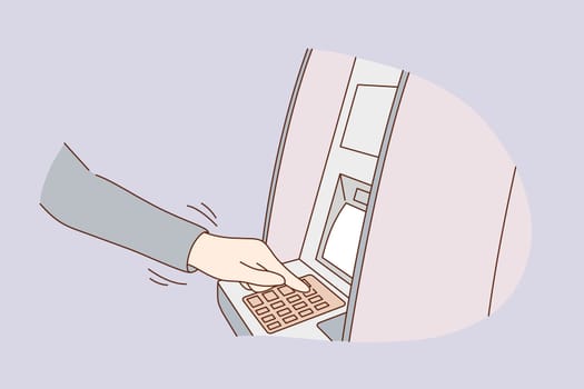 Business, finance, withdraw, security concept. Businessman clerk manager cartoon character hand dials PIN code to withdraw money from ATM terminal. Password security system and digital cash deposit.