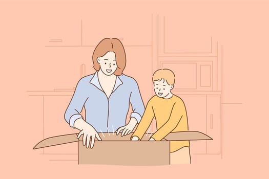 Childhood, motherhood, holiday, celebration concept. Young happy woman mother and child kid son cartoon characters unpacking gift boxex celebrating new year or wrapping christmas presents illustration