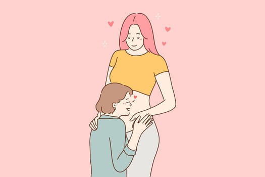 Love, couple, pregnancy, lgbtq concept. Young woman girl lesbian cartoon character kissing stomach of pregnant homosexual girlfriend wife partner. Good news and motherhood happiness illustration.