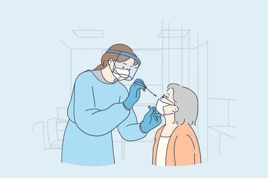 Healthcare and medical testing for COVID-19 concept. Professional medical worker woman nurse wearing personal protective equipment testing senior woman for dangerous disease using test stick