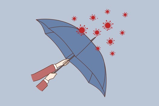 Danger of COVID-19 concept. Human hands holding umbrella to protect against coronavirus pneumonia outbreak epidemic flying red bacteria virus vector illustration