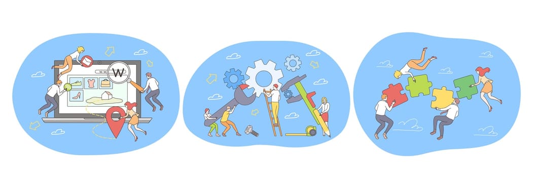Teamwork, collaboration, cooperation, successful project realization concept. Business people with gears and puzzle pieces working on projects and achieving common business goals together