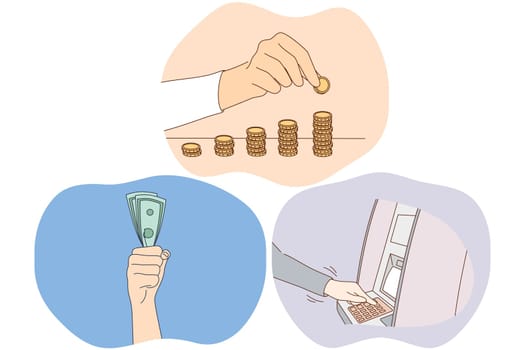 Money savings, earning financial wealth concept. Hands of people making stacks of golden coins, holding heap of cash, making withdrawal on atm machine. Finance, payment, credit, investing illustration