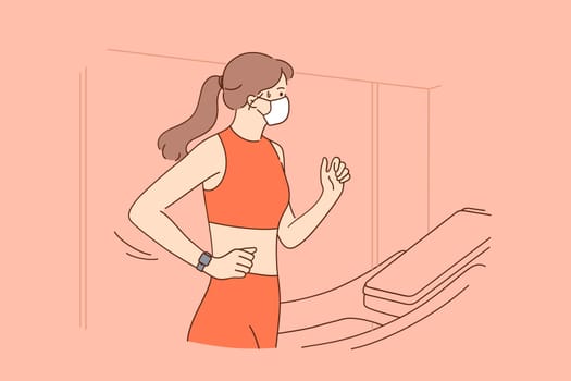 Sport during coronavirus pandemic concept. Sportswoman training on treadmill in gym wearing protective medical face mask to protect against covid-19 virus outbreak vector illustration