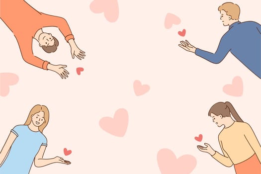 Charity and social care concept. Smiling people cartoon charters with hearts for charity donation volunteering and ready to donate blood and organs vector illustration