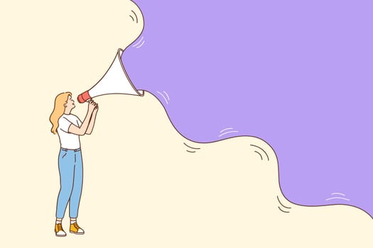 Advertising and promotion concept. Woman cartoon character standing and shouting in loudspeaker or megaphone advertisement marketing announcement business communication illustration