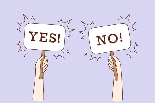 Dilemma, dispute, choice hesitation concept. Human hands holding Yes No banners meaning test question, opposition, choice, deciding process vector illustration