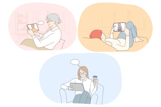 Online communication, chatting, e-learning concept. Elderly woman communicating online with son on tablet, girl watching yoga lesson, business woman sitting and searching for information for startup