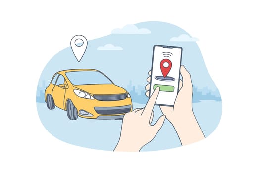 Car sharing and online application concept. Human hands holding smartphone with application of autonomous wireless parking remote connected car sharing service vector illustration