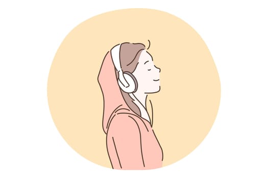 Music lover, sound, headphones, listening and enjoying concept. Young teen girl cartoon character in headphones listening to favourite music, radio or audiobook and smiling, side view