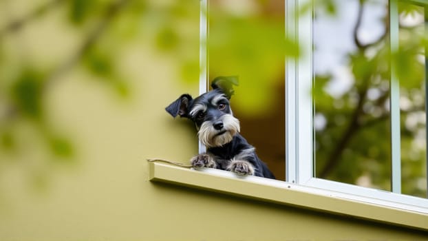 The dog wants to go for a walk. The Zwergschnauzer is looking at the street from the window of the house. In the yard, there are fresh spring foliage on the trees.. High quality photo