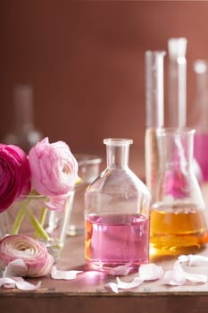 alchemy and aromatherapy set with ranunculus flowers and flasks