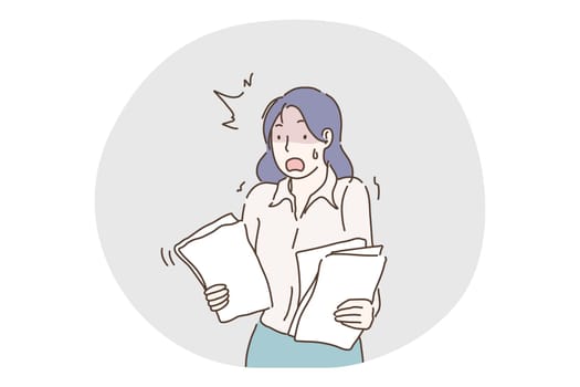 Stress, overwork, overload, burnout, deadline, exhaustion concept. Young unhappy frustrated woman office worker cartoon character standing with heap working documents and feeling stress and tiredness