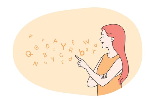 Education, teaching, speech therapy concept. Happy woman therapist teacher cartoon character articulates on logopedic treatment session. Learning latin english alphabet letters at school kindergarten