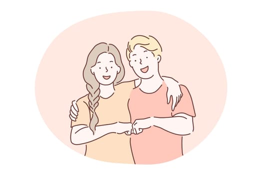 Friendship, friends forever concept. Smiling positive boy and girl teens standing, hugging each other and expressing friendship gesture with fists. Meeting, social sign, gesture vector illustration