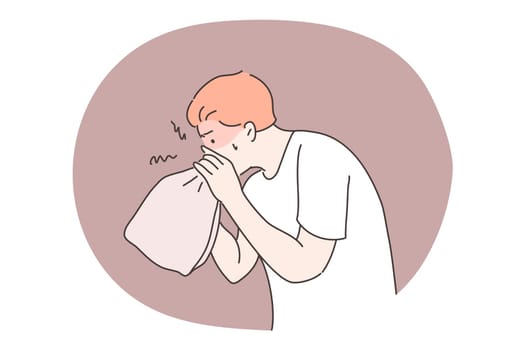 Panic attack, mental stress, anxiety concept. Mentally stressed nervous man teenager cartoon character breathing in paper bag trying to calm down. Neurosis symptoms or dyspnea seizure and hysterics.