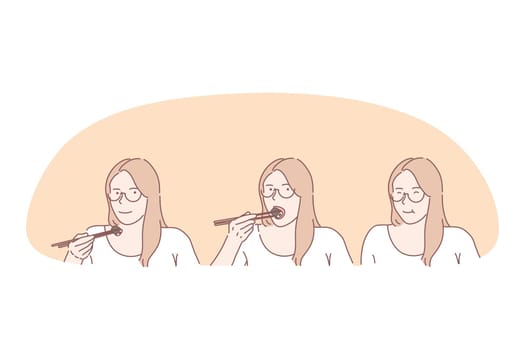 Women eating sushi concept. Young positive woman cartoon character sitting and enjoying eating japanese sushi rolls with chopsticks. Asian japanese traditional cuisine and food delivery service