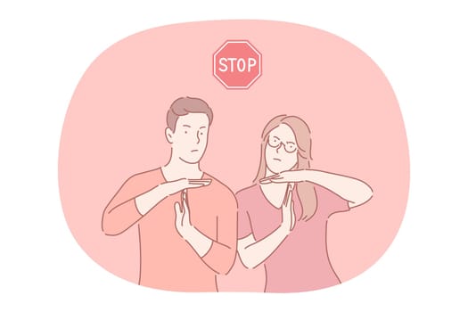 Stop, prohibiting gesture and sign concept. Young serious couple cartoon characters showing stop prohibiting interruption gesture with hands and red stop road sign above vector illustration