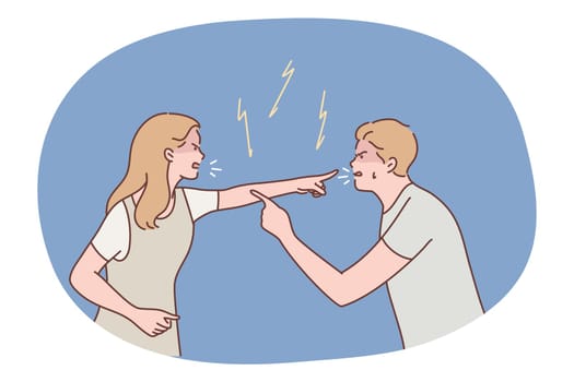 Family, quarrel, divorce, aggression, conflict concept. Angry aggressive couple man boyfriend woman girlfriend yelling and quarrelling together. Furious dispute discussion or disagreement illustration