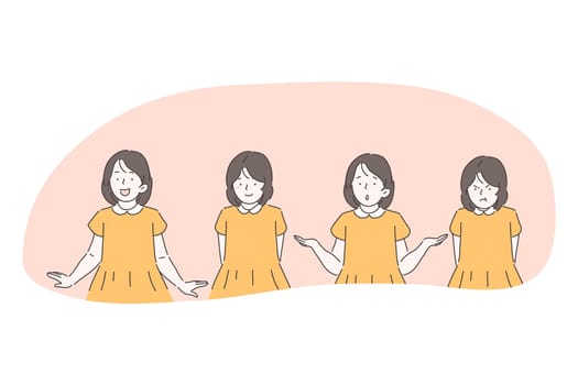 Variety of emotions and children facial expressions concept. Little girl in dress cartoon character standing having various emotions happiness, satisfaction, frustration, surprise, anxiety, aggression