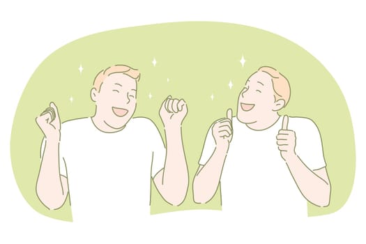 Happiness, positive emotions, cheerful and happy face concept. Smiling boy cartoon characters standing, gesticulating, showing thumbs up sign with fingers and feeling joy, excitement, happiness, fun