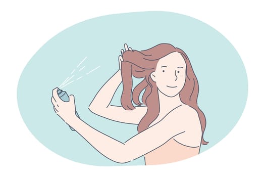 Hairspray, styling, haircare, hairdressing, hair cosmetics concept. Young pretty smiling brunette woman cartoon character with long hair using hair spray cosmetics for hairstyle or elegant dressing