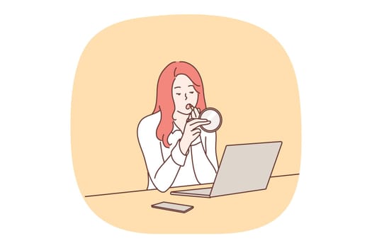 Business, makeup, dating concept. Businesswoman clerk manager cartoon character sitting in office workplace and applying cosmetic beauty lipstick. Preparation for date meeting vector illustration.