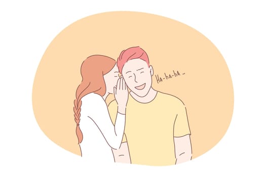 Joke, sharing secrets, flirting, dating, romance concept. Girl teen cartoon character whispering jokes and secrets to smiling boyfriends ear during meeting. Togetherness, falling in love, laughing