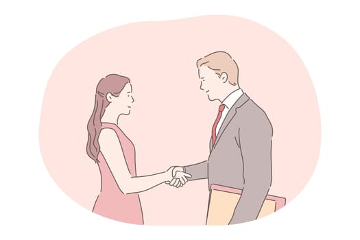 Deal, business agreement, successful negotiations concept. Young smiling business people man and woman partners cartoon characters standing and shaking hands after successful negotiations in office
