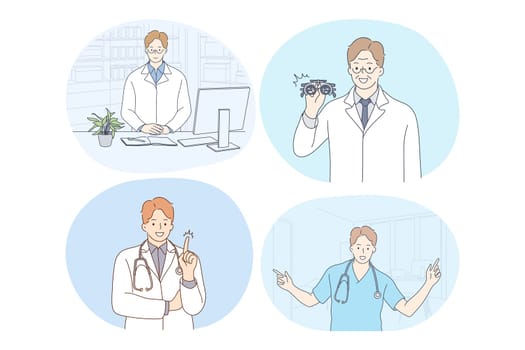 Doctor, medicine, healthcare, therapist, medicare, clinic concept. Young smiling men doctors in white uniform cartoon characters consulting patients, having idea, enjoying work, showing equipment