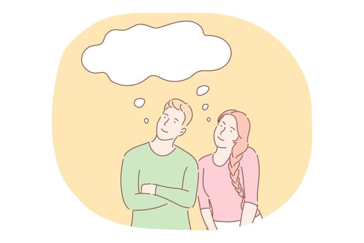 Thinking, ideas, thought, imagination concept. Young smiling couple cartoon characters standing and thinking about common things in imagination with white cloud above vector illustration