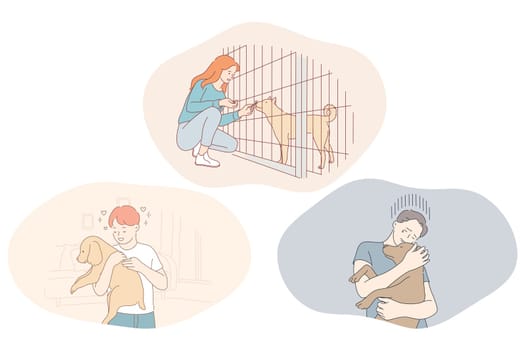 Adoption dogs from shelter, volunteering and helping pets concept. Young boys and girl feeding dogs in shelter cage, holding on hands, hugging and taking care of adopted puppies illustration