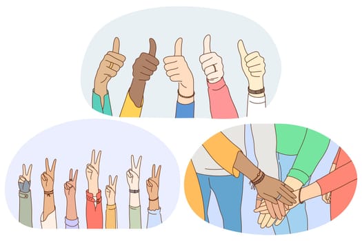 Sign and gesture language, hands emotion expression concept. Hands of mixed race people showing thumbs up sign, peace fingers sign and making heap of hands showing teamwork and mutual support