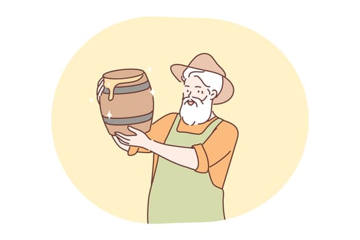 Beekeeping, harvesting, honey concept. Old man senior citizen pensioner farmer beekeeper cartton character at apiary holding honey in barrels jars. Rural hobby occupation on farmland illustration.
