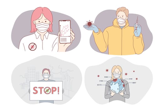 Danger or coronavirus infection, protection, vaccination, epidemic, pandemic, outbreak concept. People doctor, patient and ordinary people showing risks of spreading corona infection worldwide